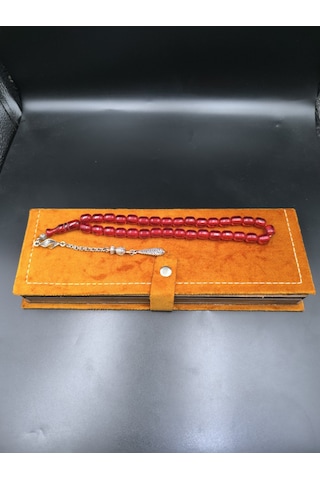 Osmanlı Benzetme Sıkma Kehribar Tesbih Vişne Kırmızısı, 10x9 Mm Gümüş