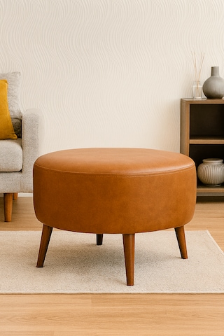 Large Büyük Yuvarlak Modern Puf - 60 Cm - Deri Kumaş - Taba
