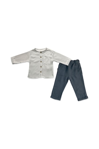 Babysena Erkek Çocuk Yuvarlak Yaka Müslin Gömlek Pantolon Takım 1-6 Yaş Mavi