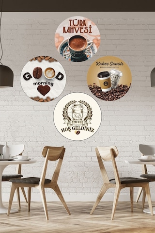10 Lu Yuvarlak Ahşap Kahve Temalı Tablo Seti, Cafe, Çay Ocağı, Kahvehane Ve Mutfak Duvar Dekorasyonu