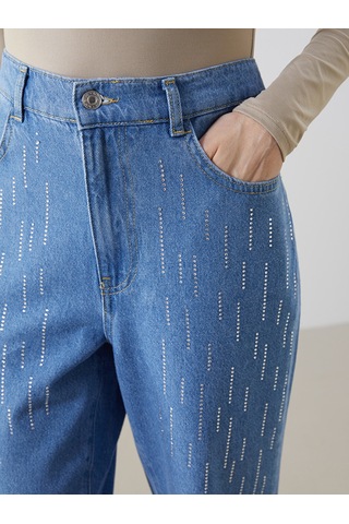 Lcw Comfort İndigo Beli Lastikli Straight Fit Taşlı Kadın Jean Pantolon