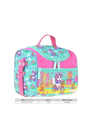 Kaukko Kids Kız Çocuk Bisikletli Kedi Baskılı Isı Yalıtımlı Okul Beslenme Çantası Yeşil - Pembe - L5329