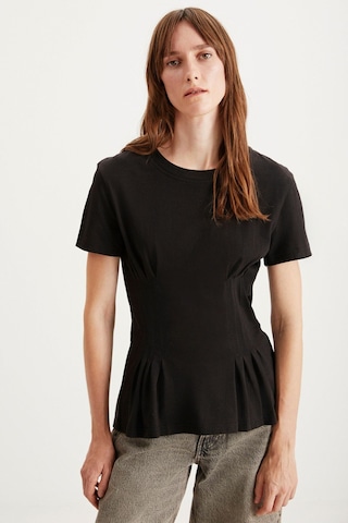 Grimelange Jessıa Kadın Bisiklet Yaka %100 Pamuk Korse Detaylı Kısa Kollu Siyah T-shirt