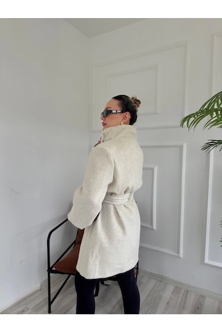 Keymoda Kadın Bej Kuşaklı Kısa Kaşe Kaban Taş Rengi