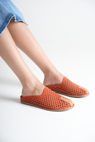 Analin Shoes Kadın Hakiki Deri Delikli Günlük Rahat Terlik Turuncu