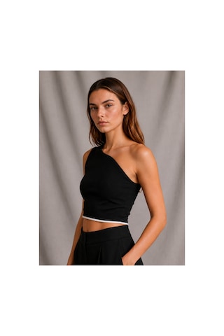 Zykrıon Kadın Beyaz Tek Omuz Asimetrik Crop Bluz Slim Fit Esnek Kumaş Şık Günlük Siyah