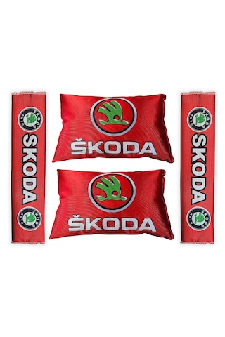 Skoda Araçlar İçin Seyahat Boyun Yastığı & Emniyet Kemer Kılıfı - Dijital Baskılı İkili Konfor Seti Kırmızı