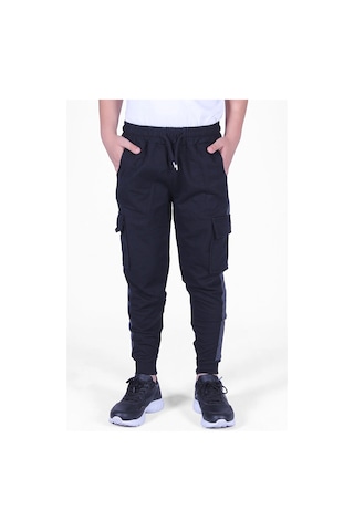 Yanı Şeritlii Kargo Cepli Erkek Çocuk Eşofman Altı Siyah