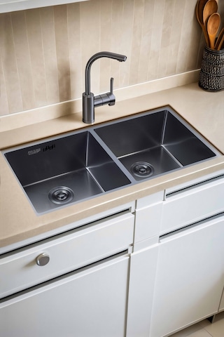 Han Serisi %100 Krom 82x45 İki Göz Paslanmaz Mutfak Eviyesi, Mutfak Lavabosu Sifon Dahil Siyah