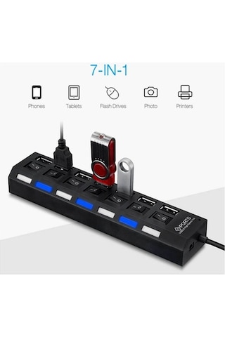 7 Port Usb Hub Çoklayıcı Çoğaltıcı Onoff Düğmeli Işıklı Adaptörlü (492982846)