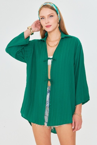 Armonika Kadın Koyu Yeşil Gömlek Yakalı Önden Bağcıklı Kimono Gömlek Arm-25k001006