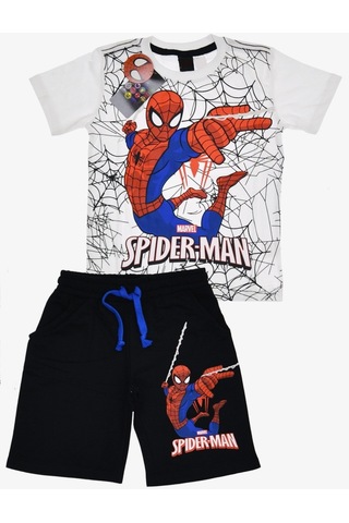 Erkek Çocuk Beyaz Renk Spiderman Örümcek Adam T-shirt ve Siyah Renk Şort Alt Üst 2 Parça Takım Beyaz