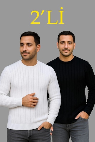 Efnaz Style Erkek Fitilli Triko Kazak 2 Li Set Siyah - Beyaz, Kalın Dokuma Pamuklu Regular Fit Bisiklet Yaka Uzun Kollu Rahat Kışlık Kazak Kombini Çok Renkli