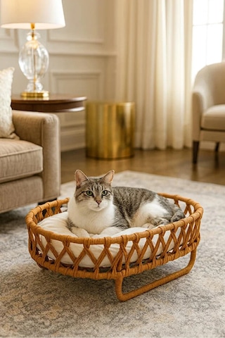 Reyo El Örgüsü İskandinav Kedi Yuvası, Yumuşak Yataklı Kedi Evi Kahverengi