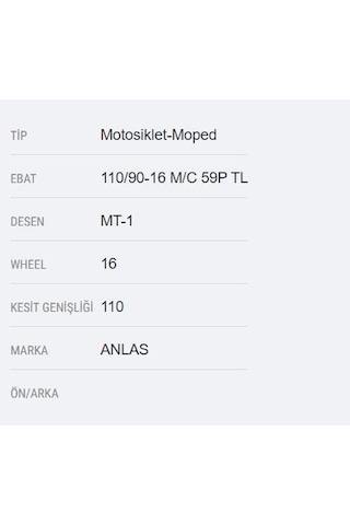 Anlaş 110/90-16 M/C 59P Mt-1 Motosiklet Lastik 110 90 16