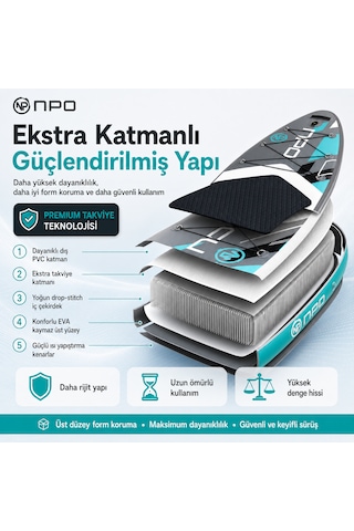 Npo Aqua Gray 350x84x15cm Şişme Military Sup Paddle Board 196kg Kürek Pompa Çanta Koltuklu Full Set