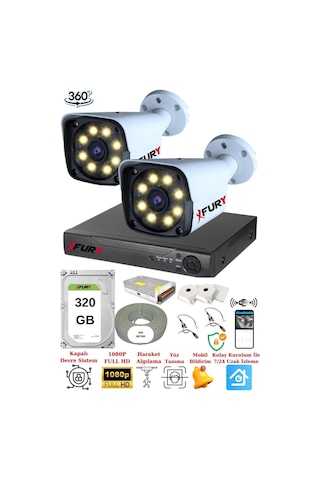 Fury 2 Kameralı 5MP Lens 1080P 2MP Color Görüntü 8 Warm Led Gece Görüş Full HD Güvenlik Kamera Sistemi 320