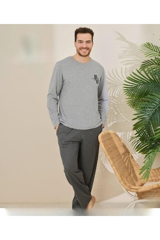 Pijamoni Erkek Pamuklu Bisiklet Yaka Uzun Kol İnce Pijama Takımı 6150/11 - 1 Adet Gri