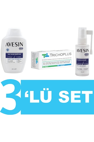 Avesin Trichoplus 3'lü Set Şampuan 300 ML + Sprey 50 ML + Trichoplus 60 Kapsül