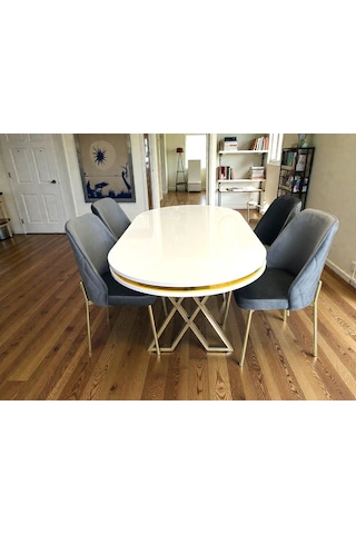 Msy Home 4 Kişilik Naz Serisi Beyaz Masa Yönsüz Kumaş Lüks Ve Modern Yemek Odası Takımı 7895362 Gri