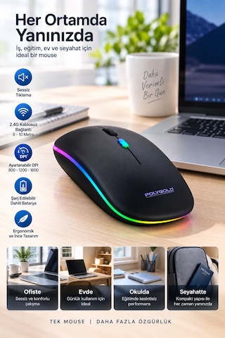 Ofis Ev Okul Kullanımına Uygun Şarjlı Kablosuz Mouse Standart