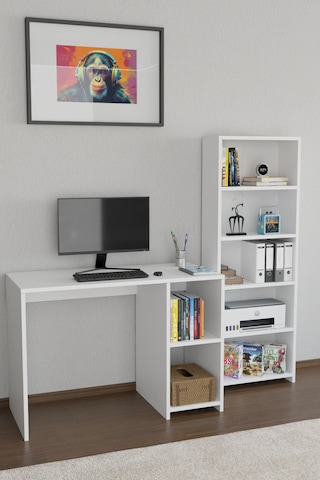 Kitaplıklı Çalışma Masası Bilgisayar Masası Raflı Öğrenci Ofis Masası 5 Raflı Ders Çalışma Masası Beyaz