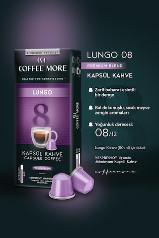 Coffee More 8 Lungo Kapsül Kahve 10 X 5 Paket 50 Adet Nespresso Uyumlu Kapsül Kahve