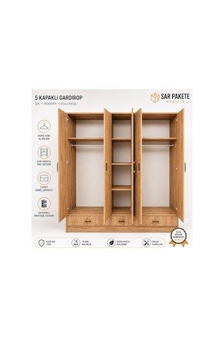 Familieconcept Retro 5 Kapaklı 3 Çekmeceli Gardrop Elbise Dolabı Beyaz