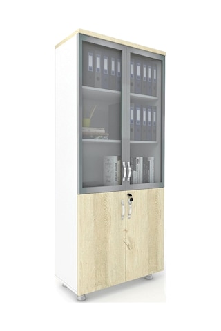 Modüler Dünyası 2 Cam Kapaklı Kilitli Dosya Dolabı 80X38X188 Beyaz - Meşe