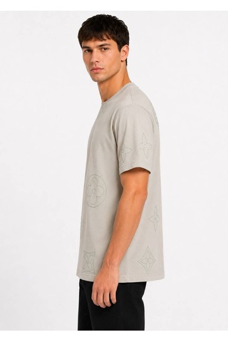Hzr Wear %100 Pamuk Regular Fit Bisiklet Yaka Kısa Kollu Kabartma Baskılı Erkek Tişört Gri