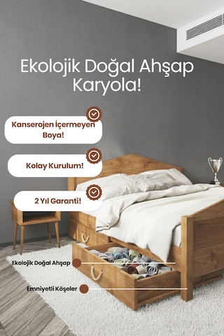 Renazzo Mi Lano Piramit 2 Çekmeceli Masif Ahşap Karyola Vernik 200x200 Vernik - 200 X 200