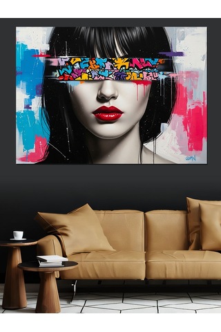 Pop Art Göz Bantlı Kırmızı Rujlu Siyah Beyaz Kadın Yüzü Dekoratif Kanvas - Mdf Ahşap Tablo
