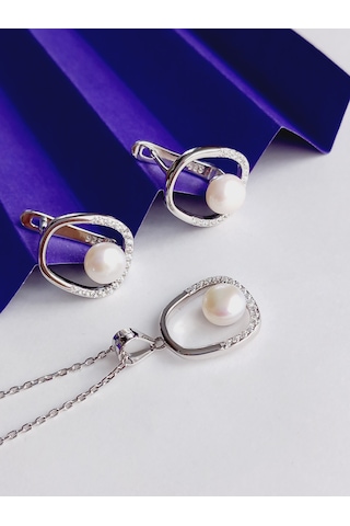 Gümüş Beyaz İnci Asimetrik Modern Tasarım Kadın Set Kolye Küpe