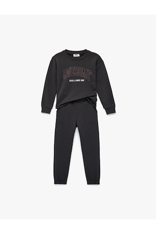 Koton Üç İplik Baskılı Uzun Kollu Bisiklet Yaka Sweatshirt Eşofman Takımı - 2'li Set Antrasit 6skg10279ak Antrasit