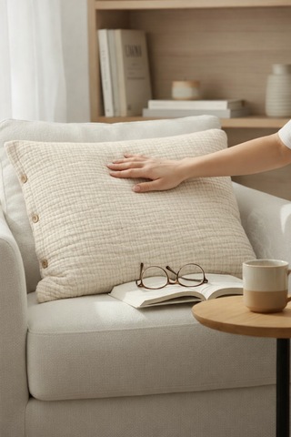 6 Kat Müslin %100 Pamuk 2'li Düğmeli Yastık Kılıfı Set 50x70 Organik Krem
