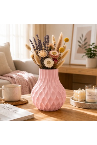 Modern Dekoratif Beyaz Vazo 15 Cm 3d Dokulu Çiçek Vazosu Pla Plastik Saksı Ve Kuru Çiçek Vazosu Ev Ofis Salon Dekoru Pembe