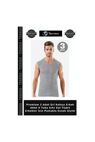 Terrien Premium 3 Adet Gri Kolsuz Erkek Atlet V Yaka Sıfır Kol Tişört Erkekler İçin Pamuklu Esnek Giyim Gri-3