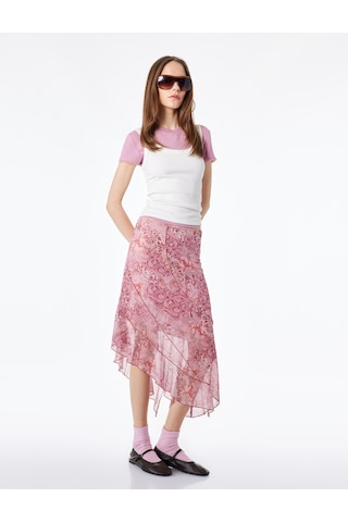 Koton Asimetrik Tül Detaylı Slim Fit Midi Etek Pembe Desenli 6sal70070ık