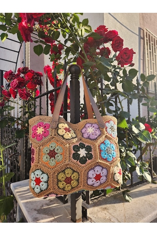 Fikriharika Design El Yapımı Renkli Afrika Çiçeği Motifli Kağıt İp Omuz Çantası Astarlı Ve Cepli, Bohem Tasarım Çok renkli