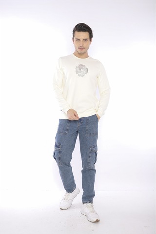 Escetic Erkek Spor Slimfit, Bisiklet Yaka Ekru Sweatshirt-4261 Ekru
