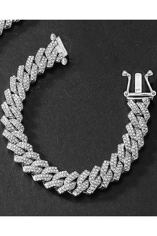 Brezza Lusso Jewelry Gurmet Zincir Model Pırlanta Işıltılı İthal Kadın Gümüş Bileklik 17 Cm