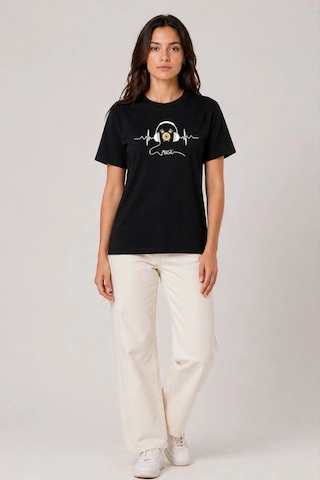 Novalisse Kadın Müzik Temalı Baskılı Tişört Bisiklet Yaka Kısa Kol T-shirt - Siyah Çoklu Renk