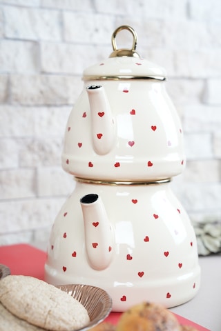 Lady Chef Kalp Desenli Emaye Çaydanlık Takımı