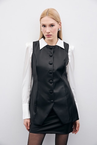 Sateen Uzun Deri Yelek - Siyah-135504 Siyah