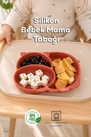 Porsima Mys34005-1 Silikon 3 Bölmeli Kaymaz Bebek Mama Tabağı Kiremit 14 21cm