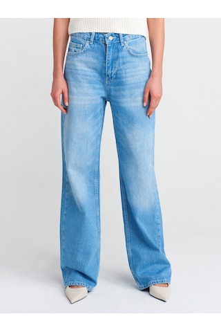 Dilvin 71775 Kalın Kumaş Geniş Straight Denim Pantolon Mavi