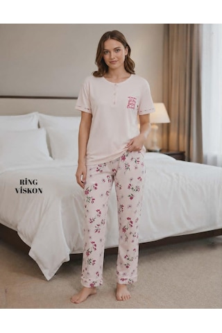 Mihra Kadın Ring Viskon Düğmeli Yaka Kısa Kol Likralı Pijama Takımı 40112p - 1 Adet Pembe