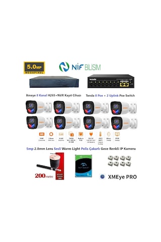 Xmeye 5mp 2.8mm Sabit Lens Polis Çakarlı Sesli Ve Gece Renkli 8 Kameralı Ip Kamera Seti 1tb Disk