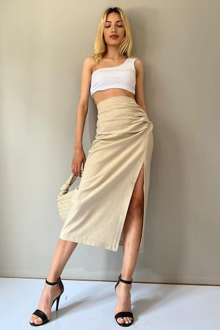 Madmext Bej Basic Midi Boy Büzgülü Keten Etek Mg1540