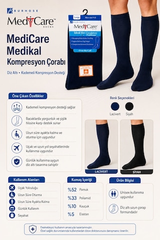 Orbis Diz Altı Erkek Medikal Kompresyon Varis Seyahat Uçak Yolculuğu Ve Uçuş Çorabı Lacivert
